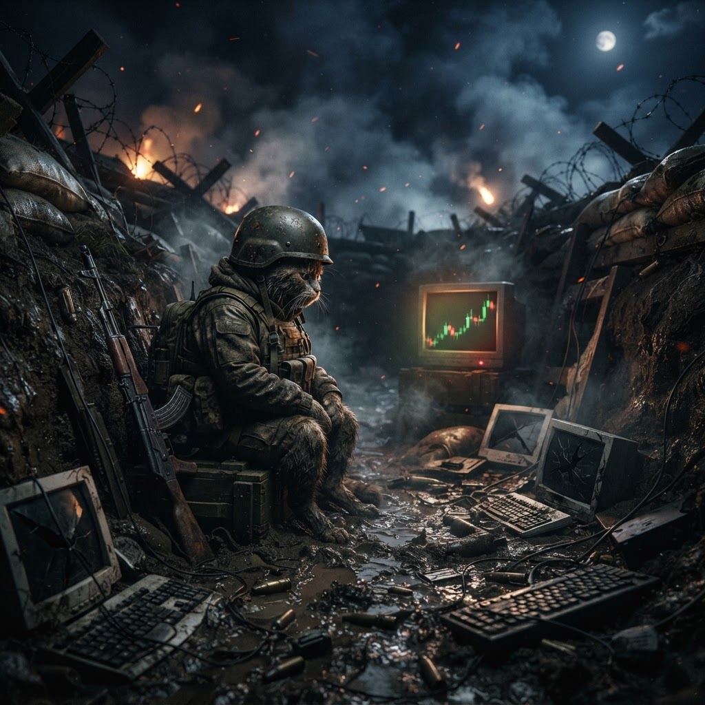 TRENCHCATE sitting alone in a dark trench surrounded by broken monitors, one still showing a chart